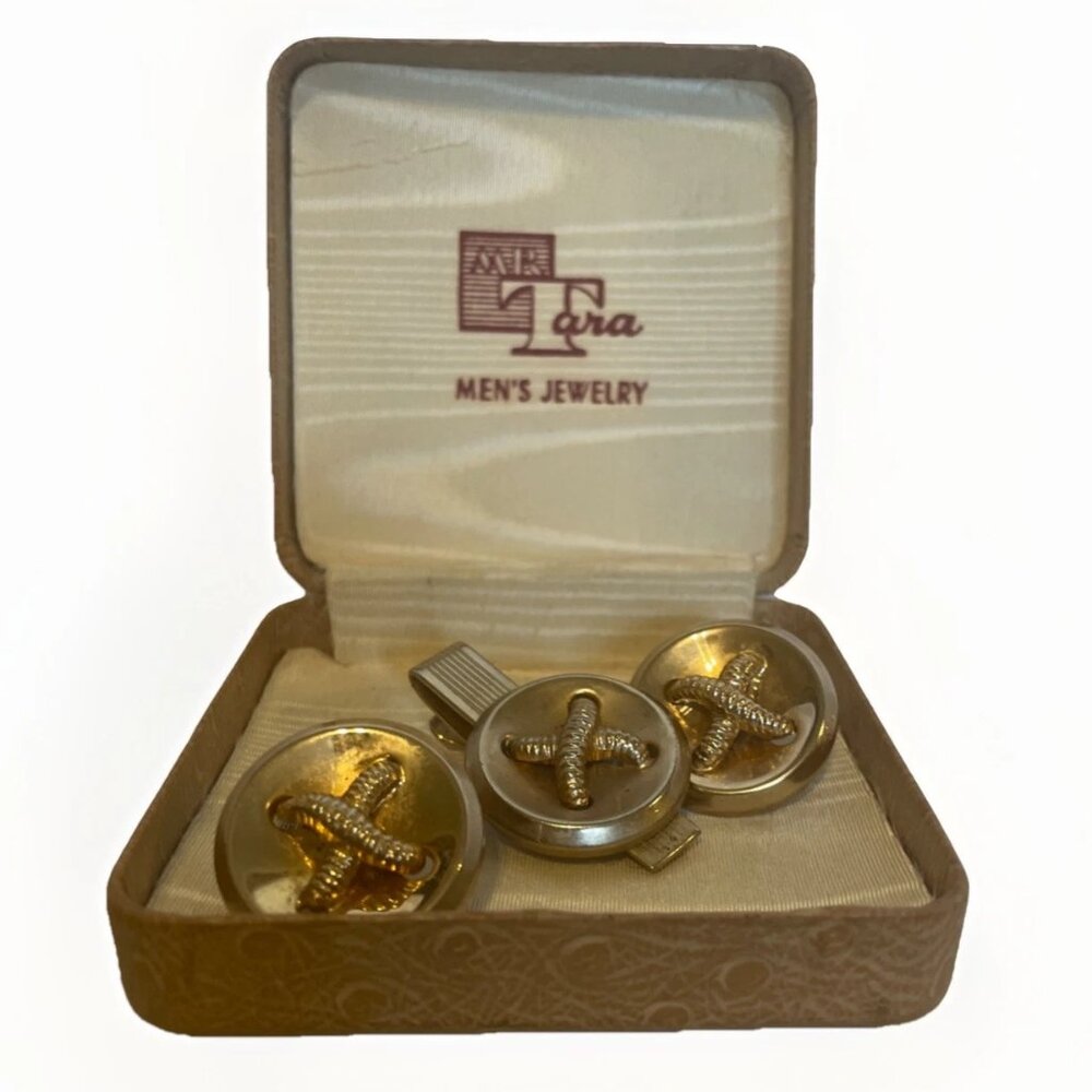 MR Tara Gold Tone Cufflinks and Tie Bar Clip Textured X Button with Box Vintage